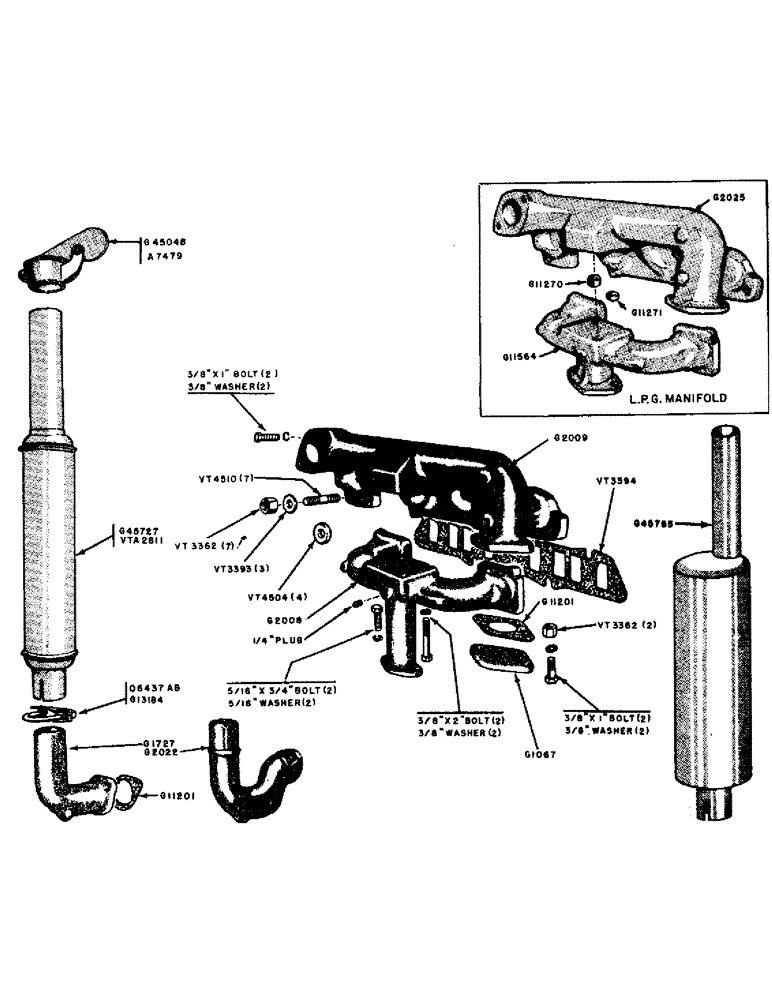 Схема запчастей Case IH 600B-SERIES - (014) - MANIFOLD AND UPRIGHT MUFFLER, MANIFOLD FOR L.P.G. ENGINE (02) - ENGINE