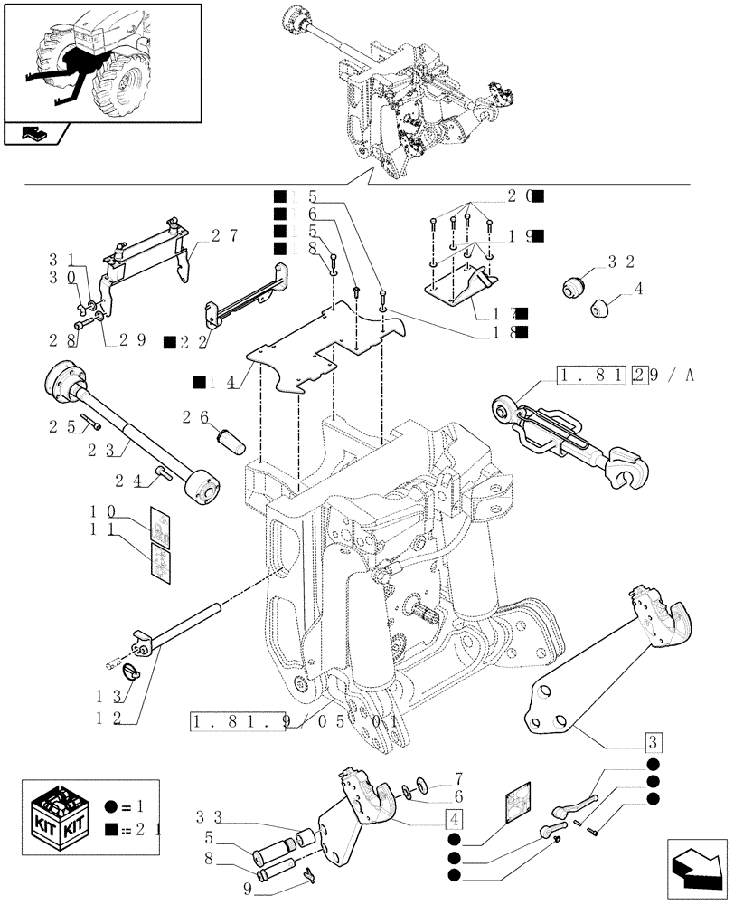 Схема запчастей Case IH PUMA 165 - (1.81.9/05[05]) - (VAR.092) FRONT HPL WITH PTO, LESS AUX. COUPLERS - LINK AND ARMS (07) - HYDRAULIC SYSTEM
