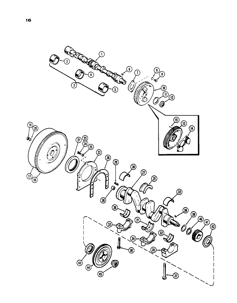Схема запчастей Case IH 430 - (016) - CAMSHAFT, CRANKSHAFT AND FLYWHEEL, PRIOR TO S/N 8262800, 430 MODEL, 148B SPARK IGNITION ENGINE (02) - ENGINE