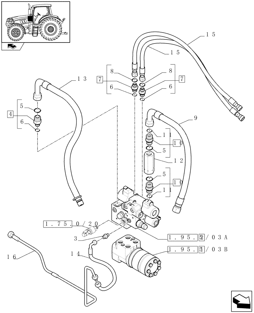 Схема запчастей Case IH PUMA 140 - (1.95.5/03) - AUTO GUIDANCE SYSTEM READY FOR ARMEST MOUNTED SCREEN - VALVES AND PIPES (VAR.331077) (10) - OPERATORS PLATFORM/CAB