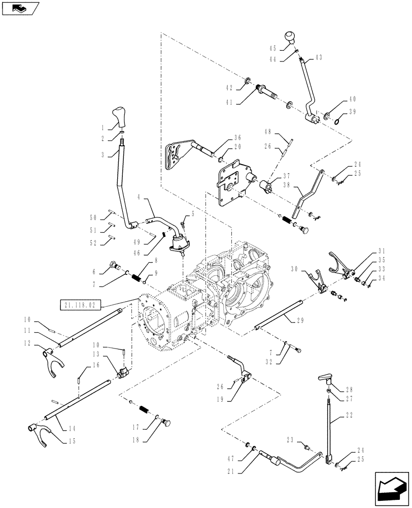 Схема запчастей Case IH FARMALL 50B - (21.130.01) - MAIN SHIFT LEVER, 4WD LEVER & FORK - 16X16 (21) - TRANSMISSION