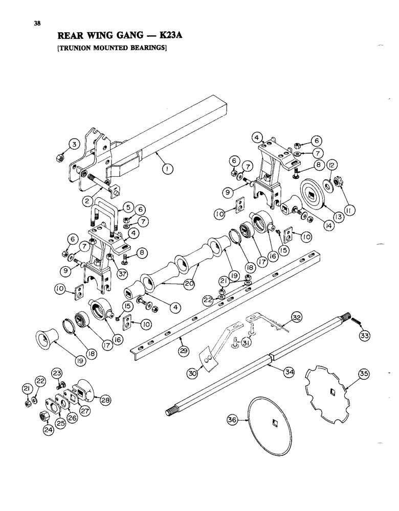 Схема запчастей Case IH K23A - (38) - REAR WING GANG, TRUNION MOUNTED BEARINGS 