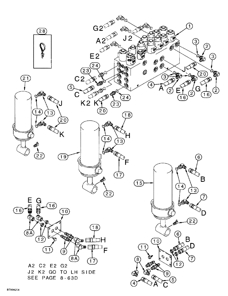 Схема запчастей Case IH 955 - (8-063A) - CARRYING WHEEL HYDRAULIC CIRCUIT, RIGHT HAND FRAME & CENTER FRAME W/ HYDRAFORCE CONTROL VALVE (08) - HYDRAULICS