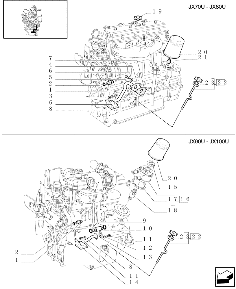 Схема запчастей Case IH JX100U - (0.30.5) - OIL LINES- OIL LEVEL GAUGE - PIPING - OIL COOLER (01) - ENGINE