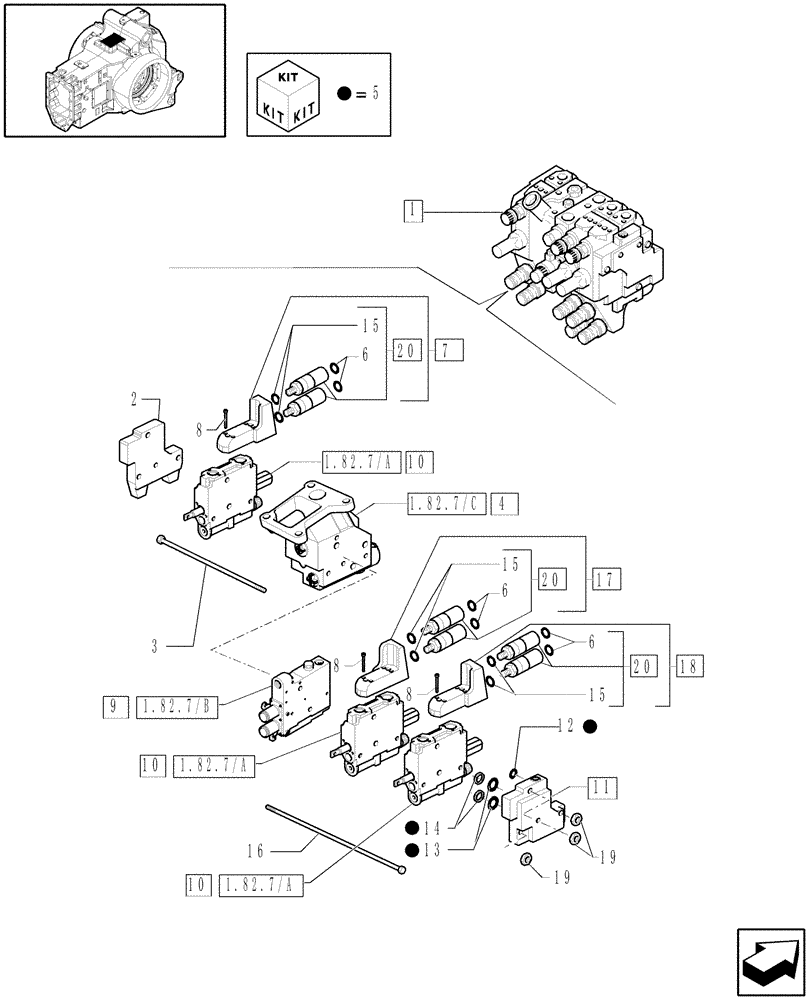 Схема запчастей Case IH PUMA 210 - (1.82.7/01[02]) - (VAR.170) 3 X MECHANICAL CLOSED CENTER REMOTES (07) - HYDRAULIC SYSTEM
