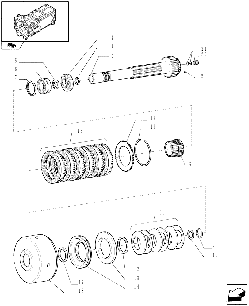 Схема запчастей Case IH PUMA 115 - (1.28.7[05]) - SEMI POWER-SHIFT TRANS. - SPEED GEAR AND CLUTCHES - DRIVING SHAFT AND "E" CLUTCH (03) - TRANSMISSION