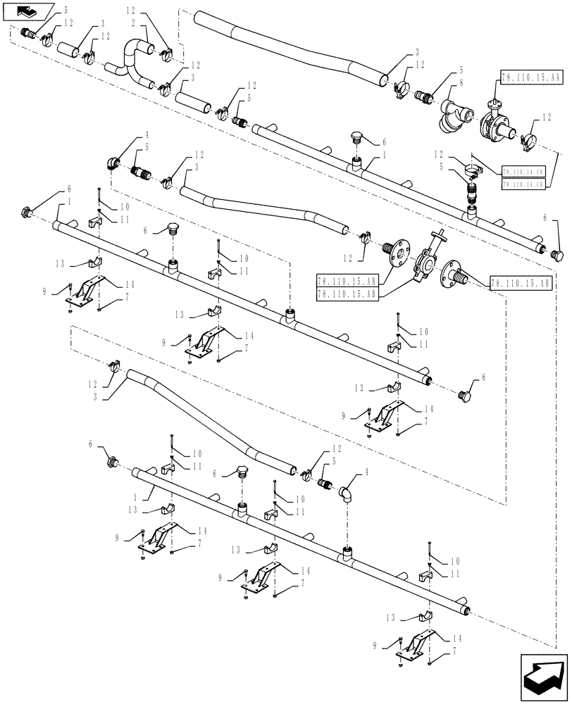 Схема запчастей Case IH 610 - (78.110.14.CG) - BOOM PLUMBING, 60/85 BOOM, 2" BOOM LINES, 30" SPACING, LH BOOM (78) - SPRAYING