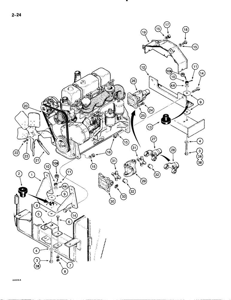 Схема запчастей Case IH 1835B - (2-24) - ENGINE MOUNTING, FLYWHEEL GUARD, FAN, AND FAN BELT (02) - ENGINE