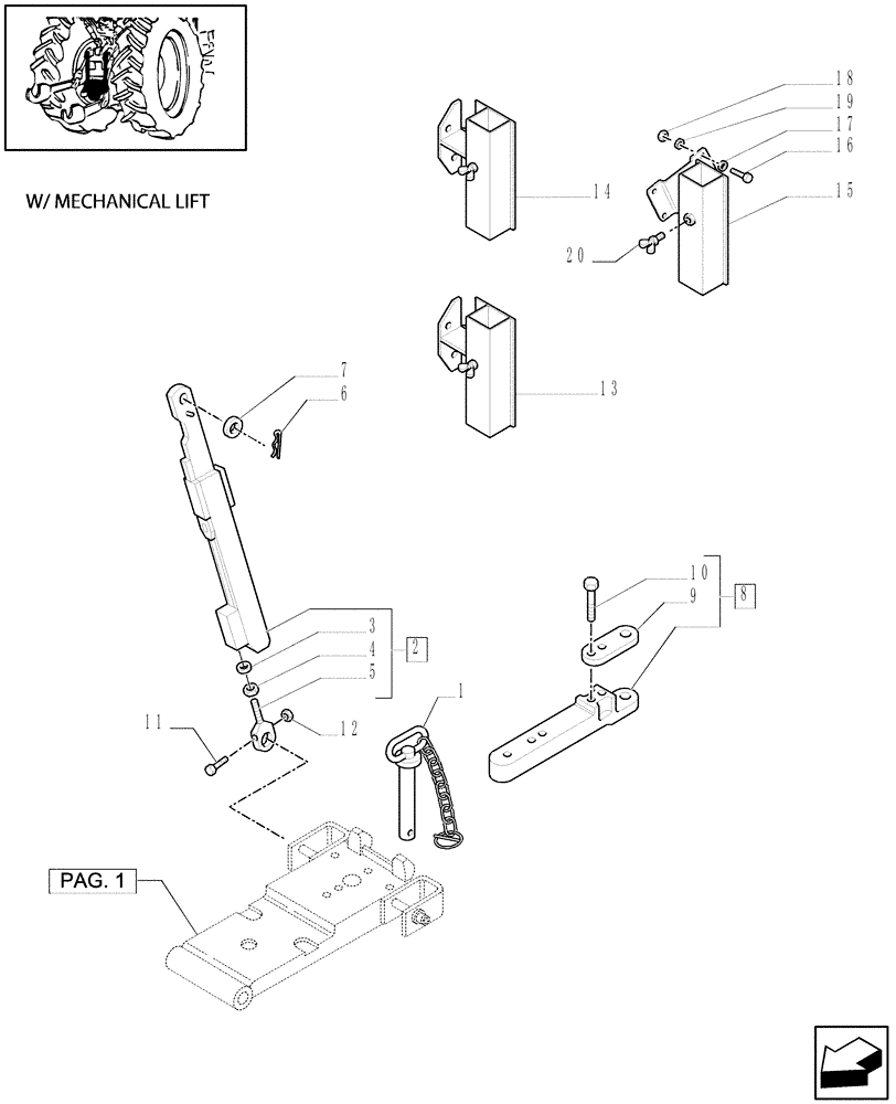 Схема запчастей Case IH MXU115 - (1.89.3/03[02]) - (VAR.569) AUTOMATIC HITCH - (WITH 1 ADDITIONAL JACK) - TIE ROD AND TOW-BAR (09) - IMPLEMENT LIFT