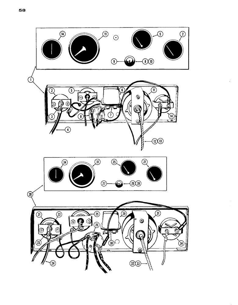 Схема запчастей Case IH A284 - (58) - INSTRUMENT PANEL, TYPE THREE DIESEL UNITS / TYPE THREE GASOLINE UNITS 