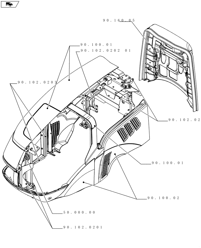 Схема запчастей Case IH FARMALL 75C - (90.000.00[01]) - PICTORIAL INDEX - PLATFORM, CAB, BODYWORK AND DECALS (90) - PLATFORM, CAB, BODYWORK AND DECALS