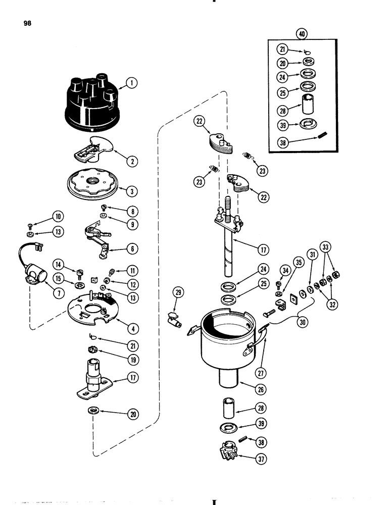 Схема запчастей Case IH 1845B - (098) - A38970 DISTRIBUTOR, 159 SPARK IGNITION ENGINE (04) - ELECTRICAL SYSTEMS
