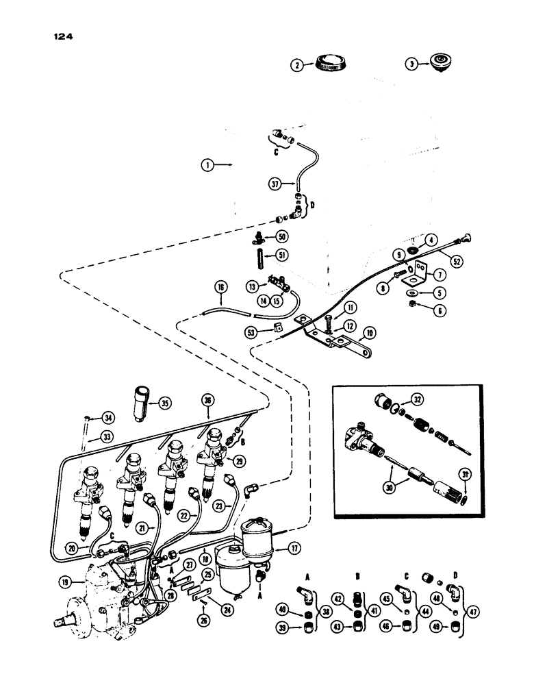 Схема запчастей Case IH 430 - (124) - FUEL SYSTEM, S/N 8217374 AND AFTER, PRIOR TO S/N 8262800, 430 MODEL, 188 DIESEL ENGINE (03) - FUEL SYSTEM