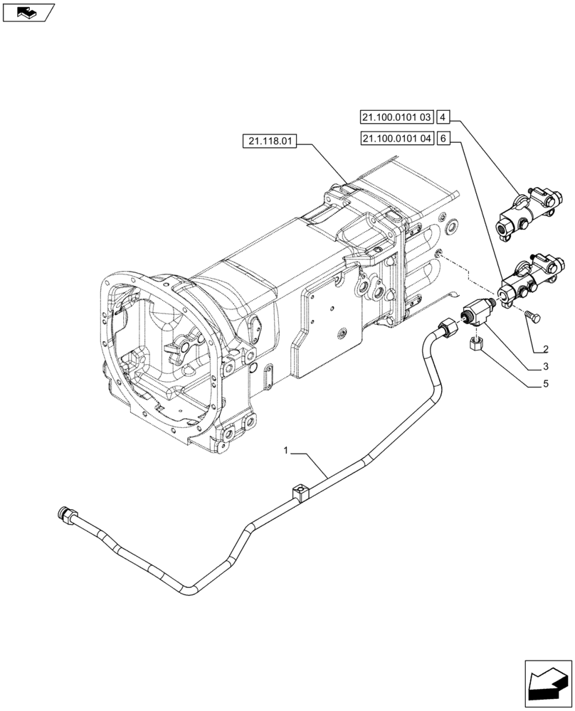 Схема запчастей Case IH FARMALL 65C - (21.100.0101[02]) - TRANSMISSION LUBRICATION SYSTEM - HEAT EXCHANGER OIL DELIVERY PIPE - W/CAB (21) - TRANSMISSION