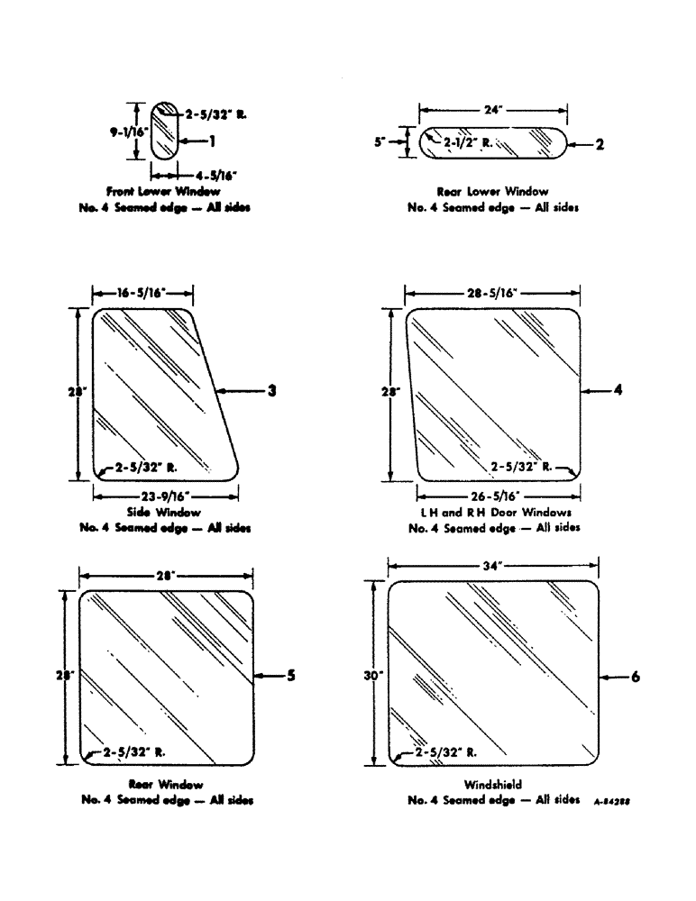 Схема запчастей Case IH 656 - (N-09) - PARTS ACCESSORIES AND ATTACHMENTS, TRACTOR CAB GLASS DIMENSIONS, FARMALL TRACTORS Accessories & Attachments