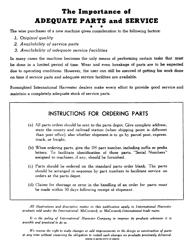 Схема запчастей Case IH 403 - (002) - THE IMPORTANCE OF ADEQUATE PARTS AND SERVICE (00) - GENERAL & PICTORIAL INDEX