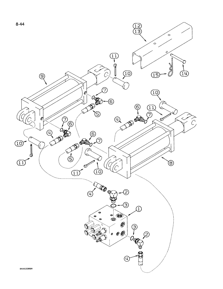 Схема запчастей Case IH 950 - (8-044) - CARRYING WHEEL HYDRAULIC SYSTEM, 8 ROW WIDE AND 12 ROW NARROW, VERTICAL FOLD (08) - HYDRAULICS