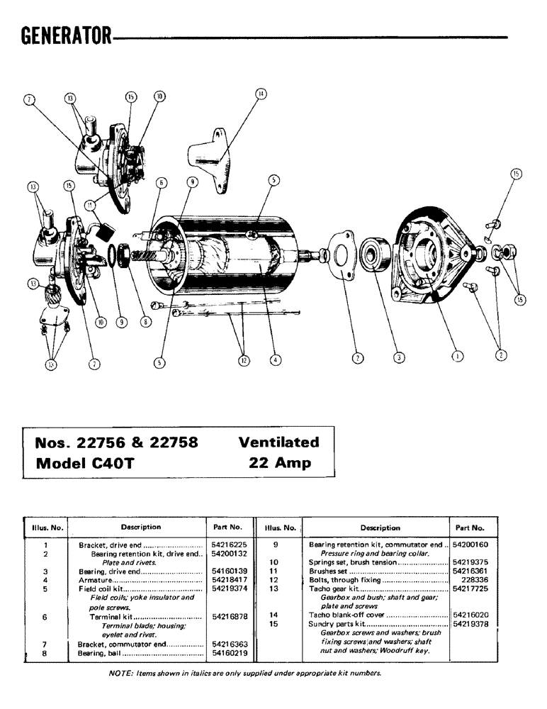 Схема запчастей Case IH SIMMS - (14) - GENERATOR, NUMBER 22756 & 22758, MODEL C40T, VENTILATED, 22 AMP 