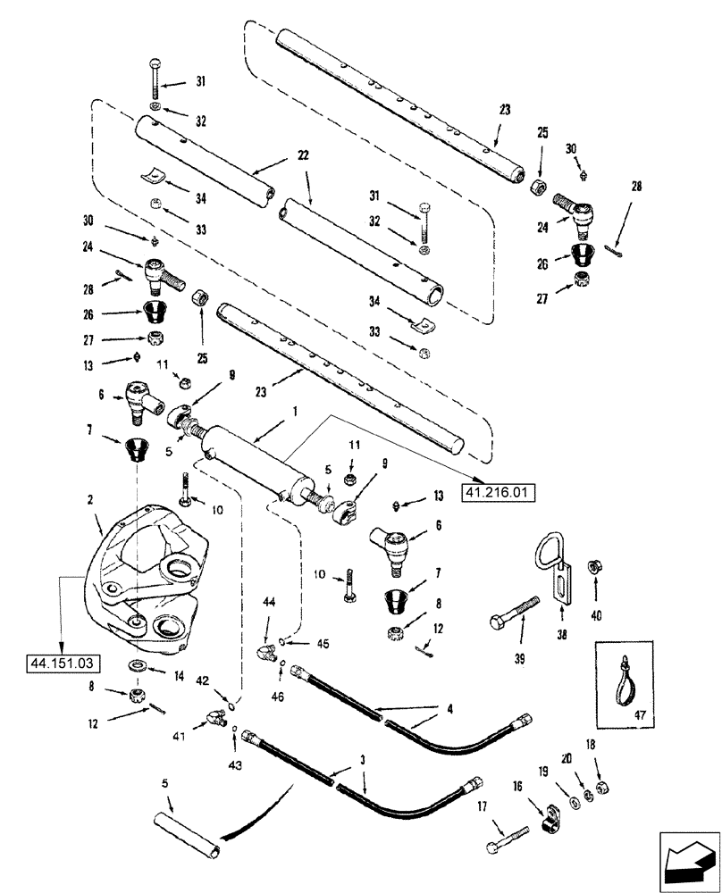 Схема запчастей Case IH 2588 - (41.216.03) - STEERING CYLINDER AND TIE ROD - POWER GUIDE AXLE - SINGLE STEERING CYLINDER (41) - STEERING