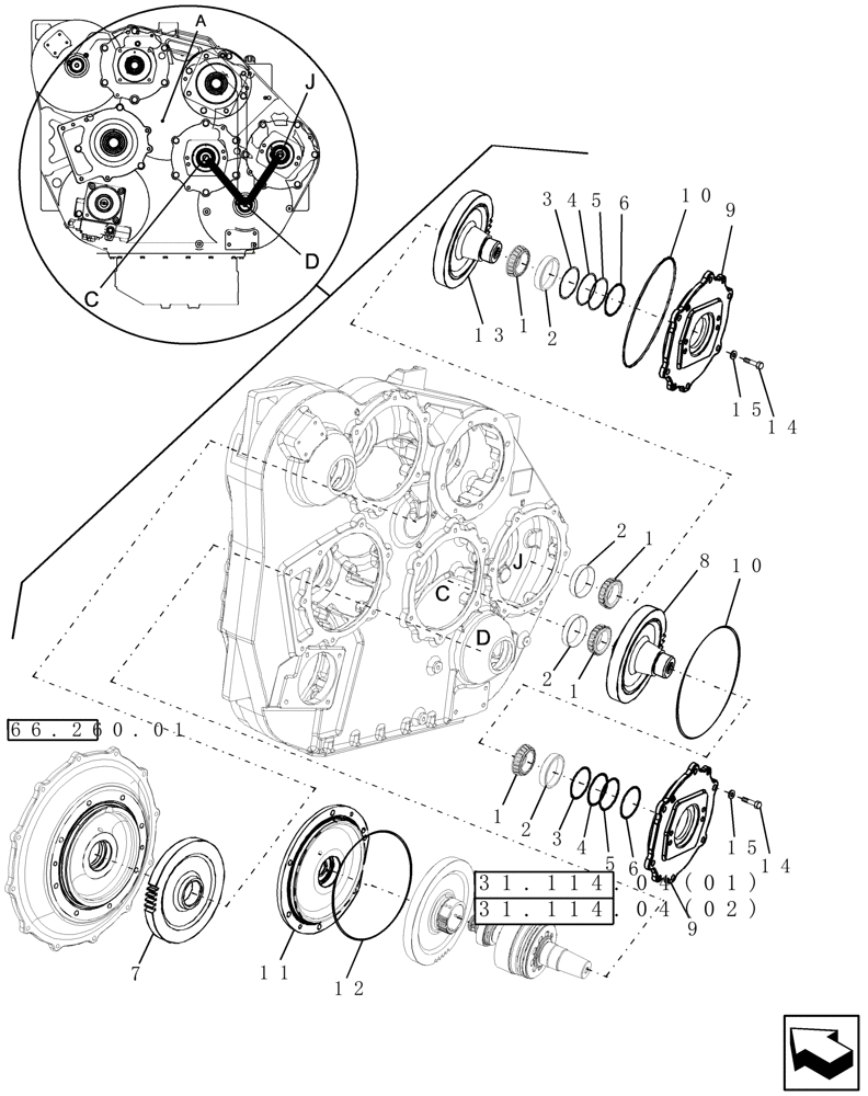 Схема запчастей Case IH 9010 - (31.114.01[02]) - PTO, OUTPUT GEARS, ENGINE GEARBOX - 7010/8010 (31) - IMPLEMENT POWER TAKE OFF
