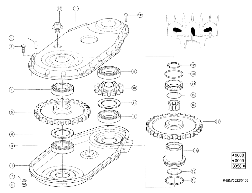 Схема запчастей Case IH RU450 - (0022) - SCRAPER GEARBOX (58) - ATTACHMENTS/HEADERS