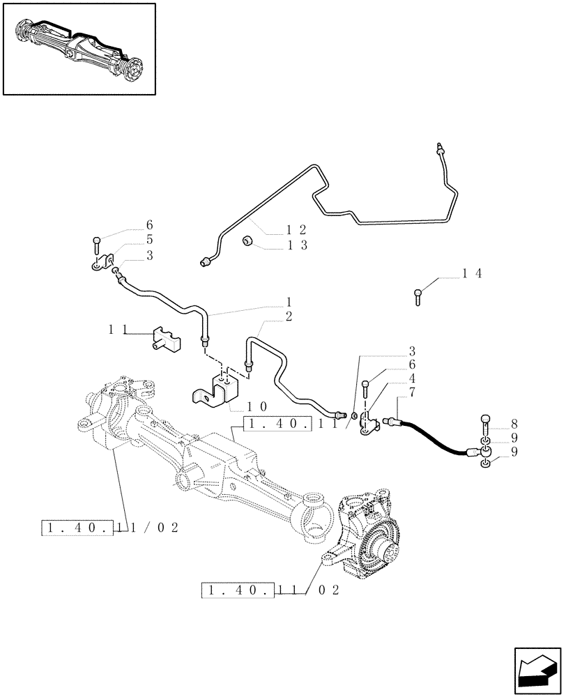 Схема запчастей Case IH MAXXUM 130 - (1.40.11/14[02]) - 4WD (CL.3) FRONT AXLE WITH LIMITED SLIP DIFF. LOCK AND BRAKES - BRAKES PIPES (VAR.330425) (04) - FRONT AXLE & STEERING
