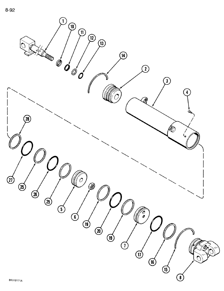 Схема запчастей Case IH 950 - (8-092) - WING FRAME LIFT HYDRAULIC CYLINDER, 8 ROW WIDE AND 12 ROW NARROW, VERTICAL FOLD (08) - HYDRAULICS