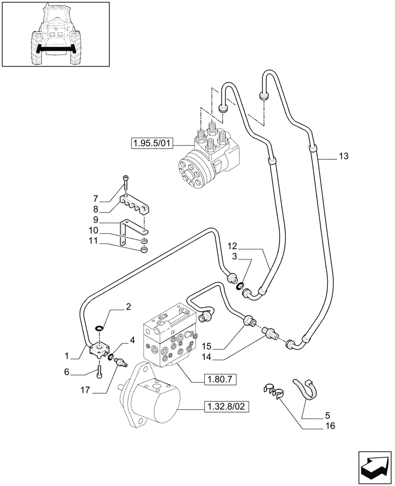 Схема запчастей Case IH MAXXUM 120 - (1.42.0/02[01]) - POWER STEERING DELIVERY AND RETURN PIPES FOR 16X16 AND 17X16 TRANSMISSION - C6562 (04) - FRONT AXLE & STEERING