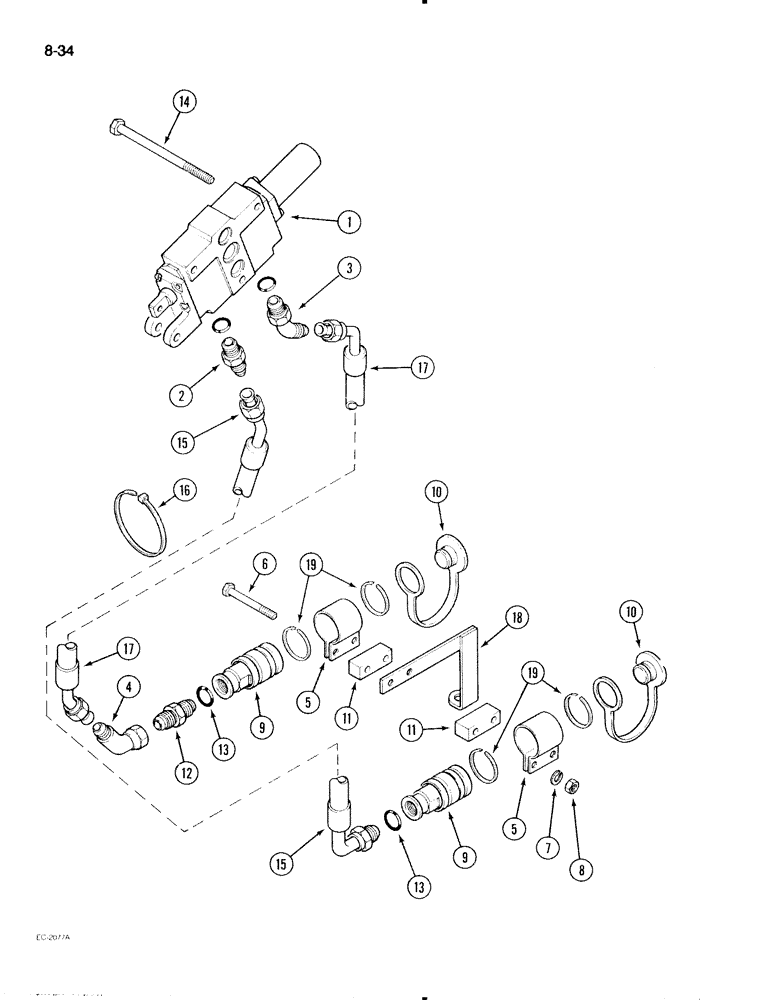 Схема запчастей Case IH 595 - (8-34) - REMOTE AUXILIARY VALVES, THIRD BANK TUBES AND COUPLINGS, WITHOUT CAB (08) - HYDRAULICS