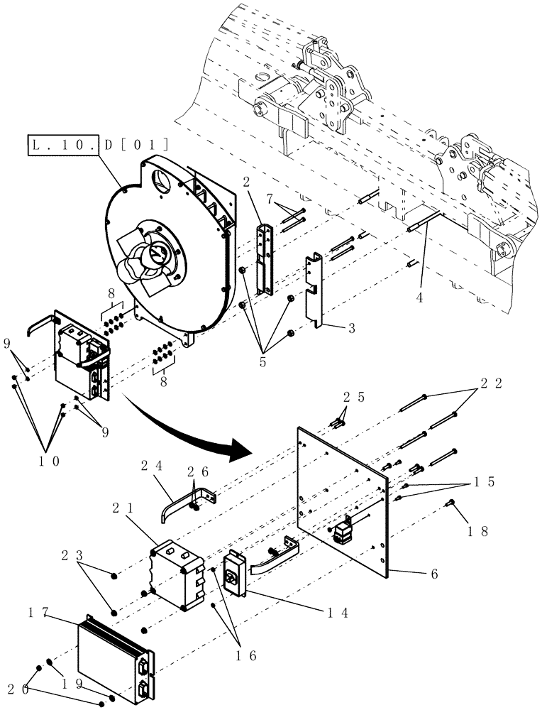 Схема запчастей Case IH 1200 - (L.10.D[07]) - FAN AND ELECTRONIC ASSEMBLY MOUNTING, 12 ROW NARROW MOUNTED STACKER (BEFORE 10/2003) L - Field Processing