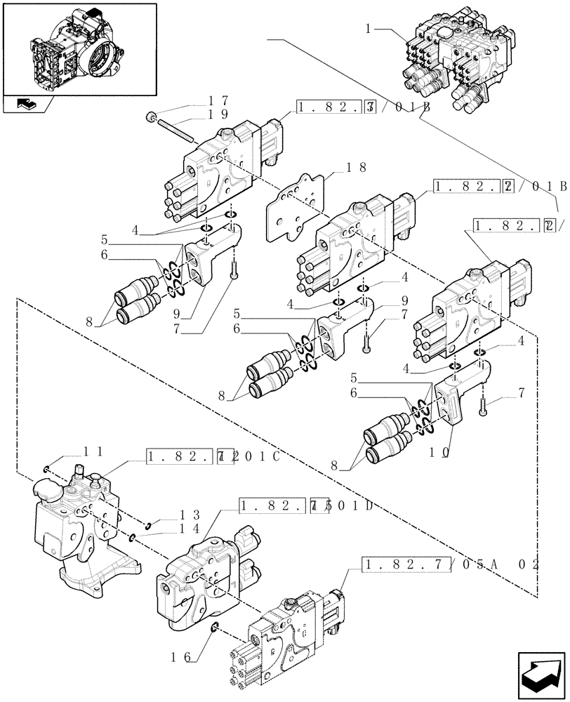 Схема запчастей Case IH PUMA 195 - (1.82.7/05A[01]) - REAR ELECTRONIC REMOTE CONTROL VALVES WITH 3 ELEMENTS - BREAKDOWN (07) - HYDRAULIC SYSTEM