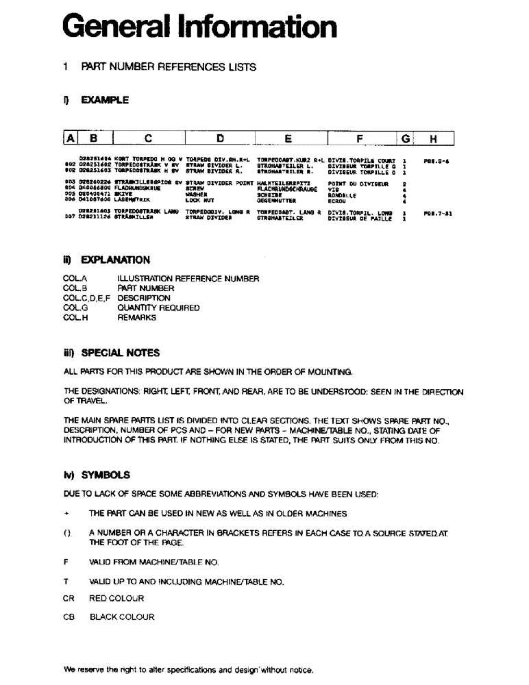 Схема запчастей Case IH 1030 - (0B) - GENERAL INFORMATION No Description