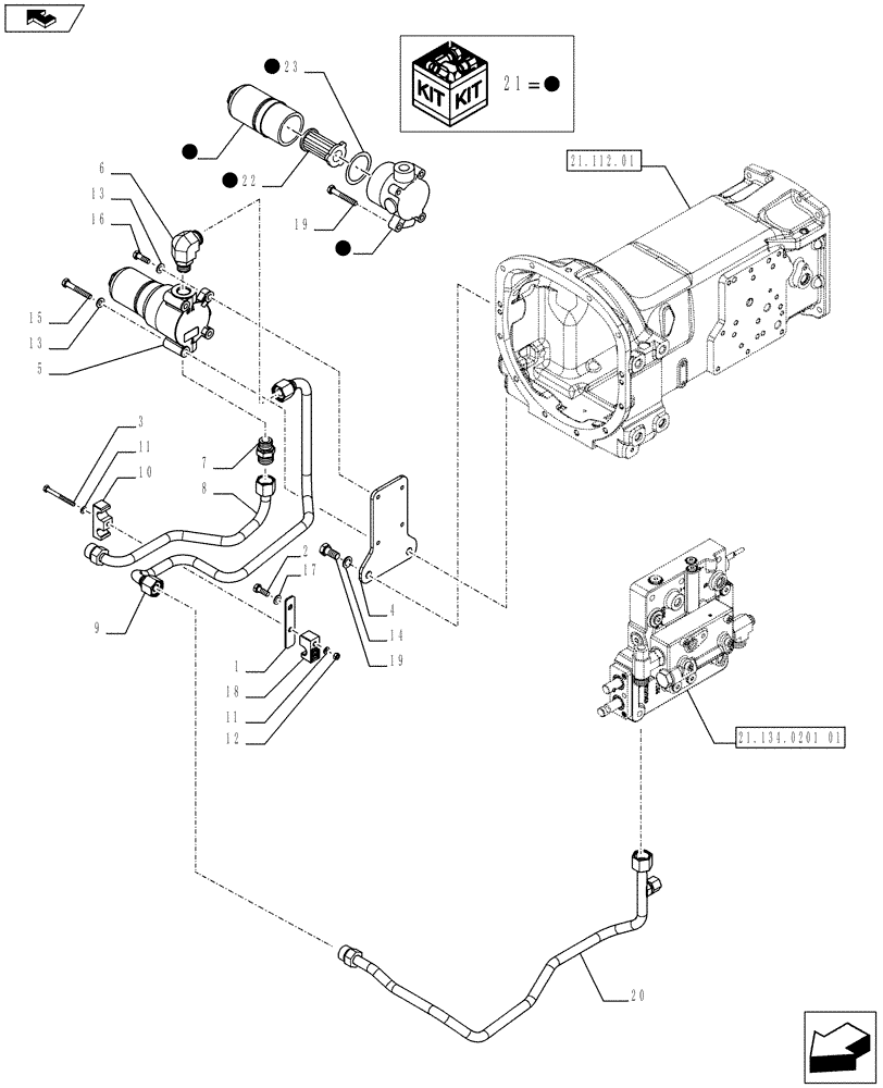 Схема запчастей Case IH FARMALL 65C - (21.104.0101[02]) - HYDRAULIC GEAR BOX CONTROLS (POWER SHUTTLE) - OIL FILTER AND PIPES (VAR.334068-332069 / 743557) (21) - TRANSMISSION