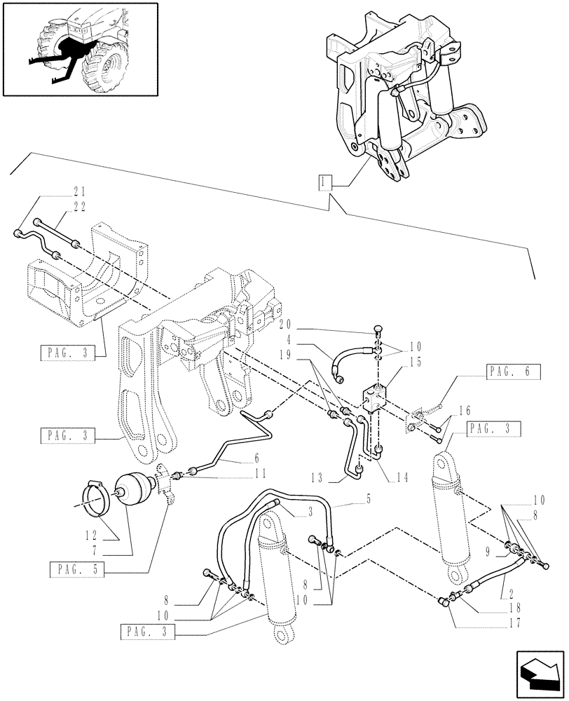Схема запчастей Case IH PUMA 210 - (1.81.9/02[04]) - (VAR.089) FRONT HPL FOR ELECTRONIC REMOTES WITH PTO, LESS AUX. COUPLERS - PIPES - D5721 (07) - HYDRAULIC SYSTEM