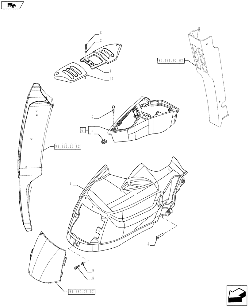 Схема запчастей Case IH PUMA 185 - (90.160.0302) - CONTROLS COVER - RH (90) - PLATFORM, CAB, BODYWORK AND DECALS