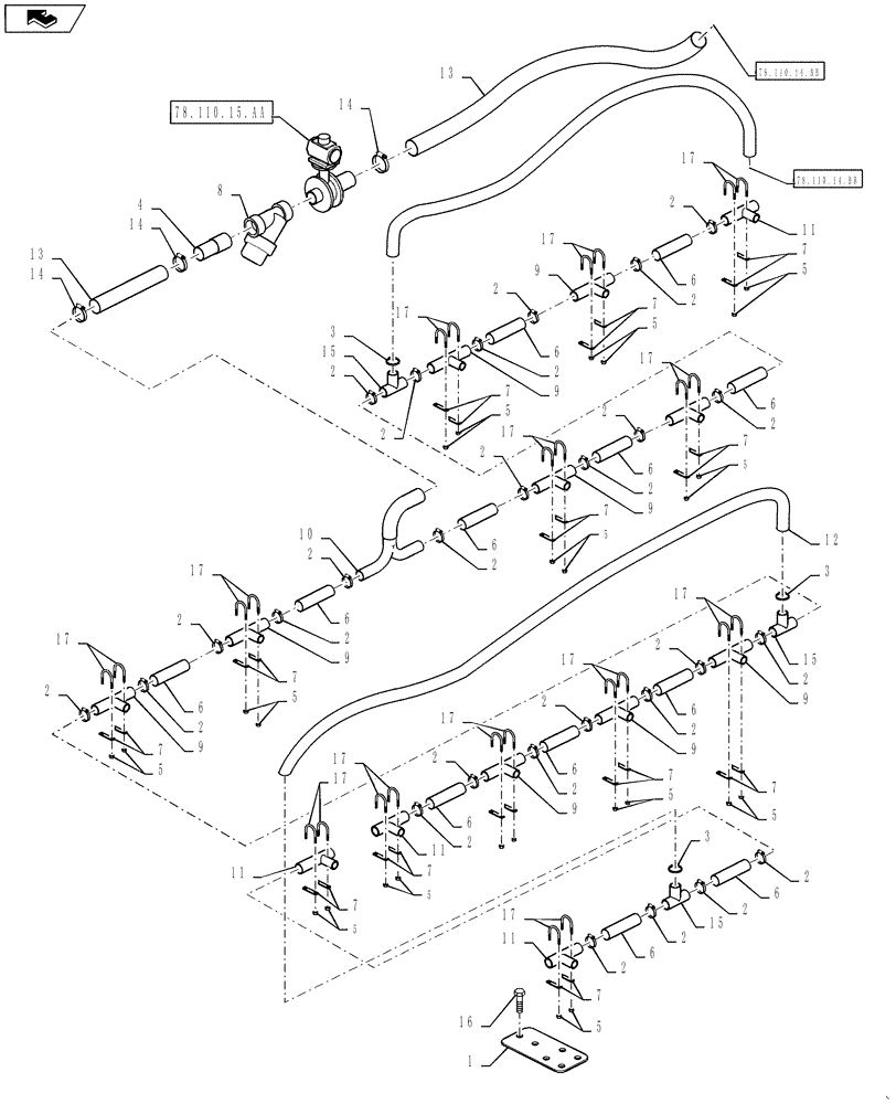 Схема запчастей Case IH 610 - (78.110.14.BA) - BOOM PLUMBING, 70 BOOM, 30" SPACING, LH BOOM (78) - SPRAYING