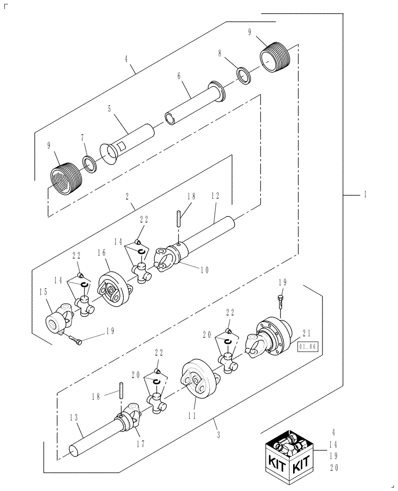 Схема запчастей Case IH DC102F - (01.05) - SECONDARY PTO W/FRICTION OVERRIDING CLUTCH (01) - PTO DRIVE SHAFT