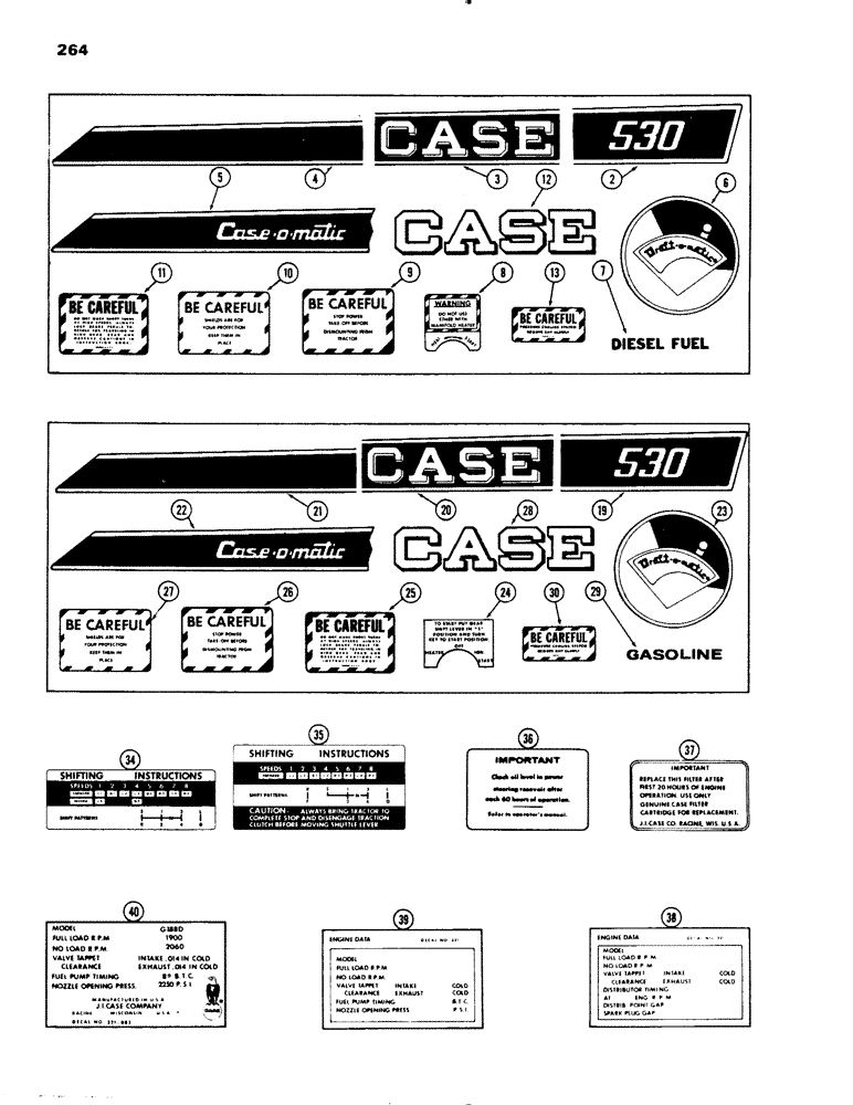 Схема запчастей Case IH 530 - (264) - 530 DECALS, USED PRIOR TO TRAC. SER. NO. 8347504, DIESEL ENGINE (09) - CHASSIS/ATTACHMENTS