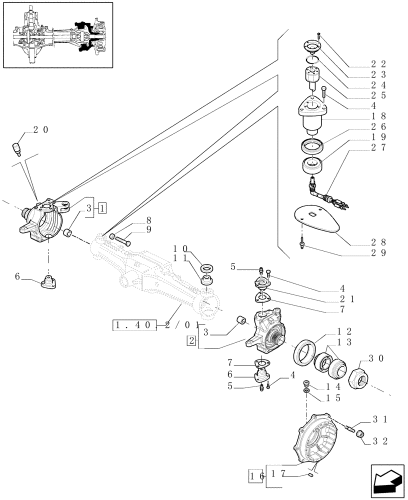 Схема запчастей Case IH PUMA 210 - (1.40.2/02) - (VAR.463) 4WD FRONT AXLE WITH ACTIVE SUSPENSIONS - STEERING KNUCKLES & HUBS (04) - FRONT AXLE & STEERING