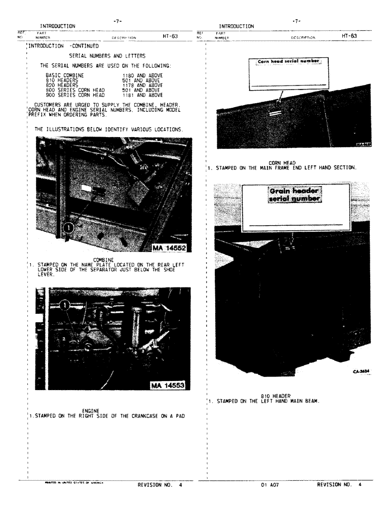 Схема запчастей Case IH 1420 - (00-07) - INTRODUCTION - SERIAL NUMBER LOCATIONS (00) - GENERAL