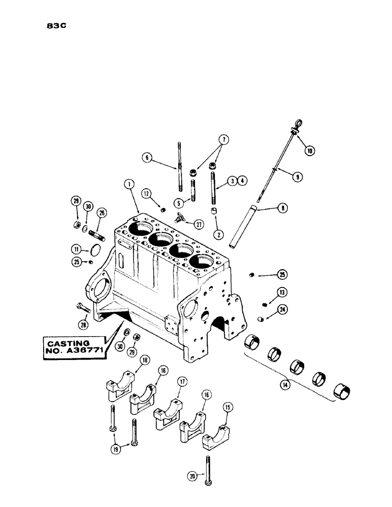 Схема запчастей Case IH 430 - (083C) - CYL. BLOCK ASSY., CASTING NO. A36771, ENG S/N 2117952 THRU 2610997, 430 AND 530 SERIES, 188 DSL ENG (02) - ENGINE