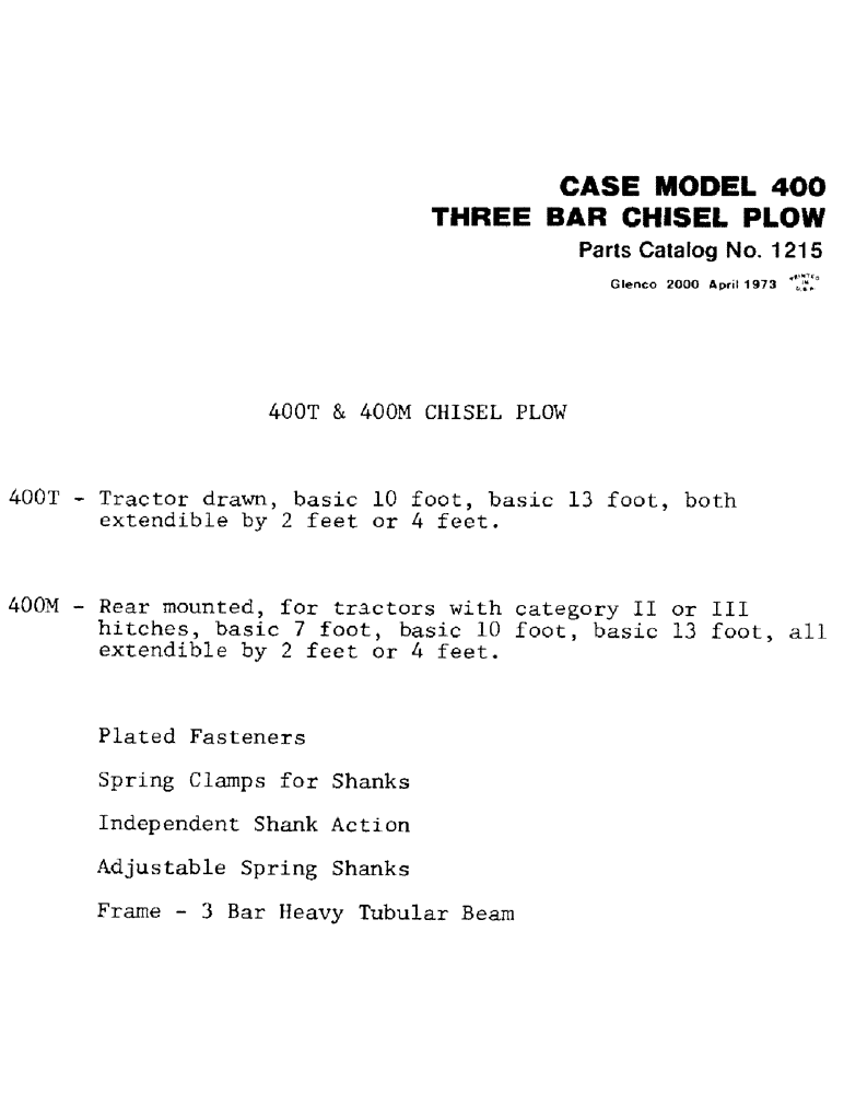 Схема запчастей Case IH 400-SERIES - (01) - CASE MODEL 400, THREE BAR CHISEL PLOW 