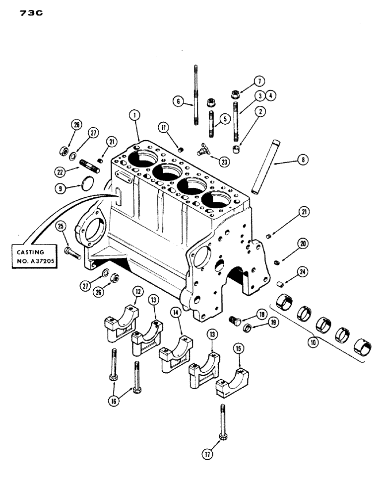 Схема запчастей Case IH 430 - (073C) - CYLINDER BLOCK ASSEMBLY, 188, DIESEL ENGINE, USED PRIOR TO ENGINE SERIAL NUMBER 2639536 (02) - ENGINE