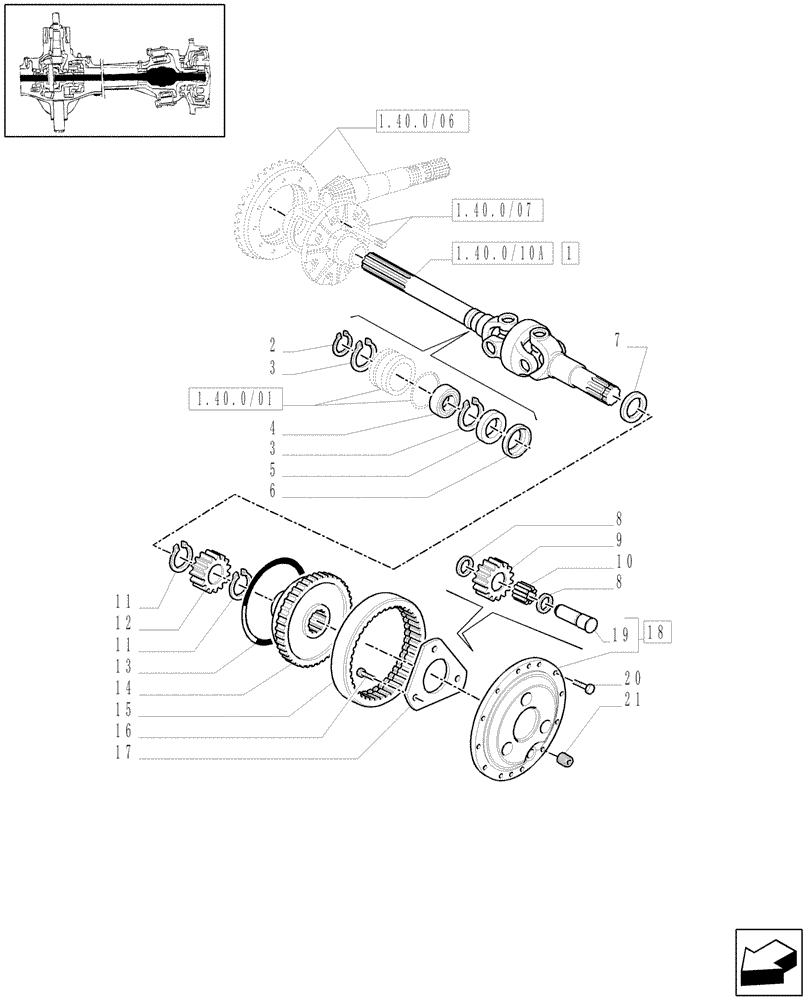 Схема запчастей Case IH MXU130 - (1.40.0/10[02]) - 4WD CL.3 FRONT AXLE - DIFFERENTIAL GEARS AND DIFFERENTIAL SHAFT (04) - FRONT AXLE & STEERING