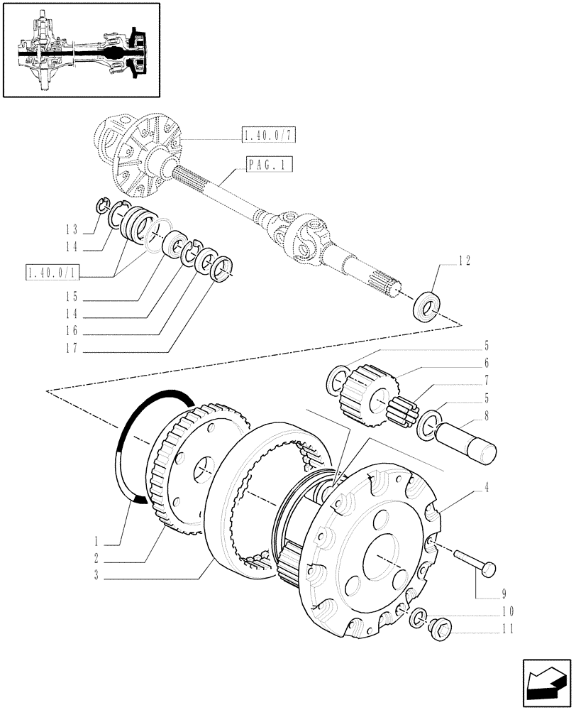 Схема запчастей Case IH JX1070C - (1.40.2/10[02]) - (VAR.838) FRONT PTO LIFT FOR MDC - EPICYCLIC REDUCTION GEAR (04) - FRONT AXLE & STEERING