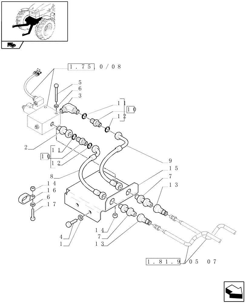 Схема запчастей Case IH PUMA 180 - (1.81.9/05[06]) - (VAR.092) FRONT HPL WITH PTO, LESS AUX. COUPLERS - PIPES (07) - HYDRAULIC SYSTEM