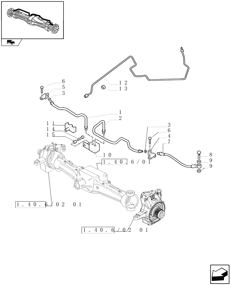 Схема запчастей Case IH MAXXUM 115 - (1.40.6/14[02]) - (CL.4) SUSPENDED FRONT AXLE W/MULTI-PLATE DIFF. LOCK, ST. SENSOR AND BRAKES - BRAKES PIPES (VAR.330430) (04) - FRONT AXLE & STEERING