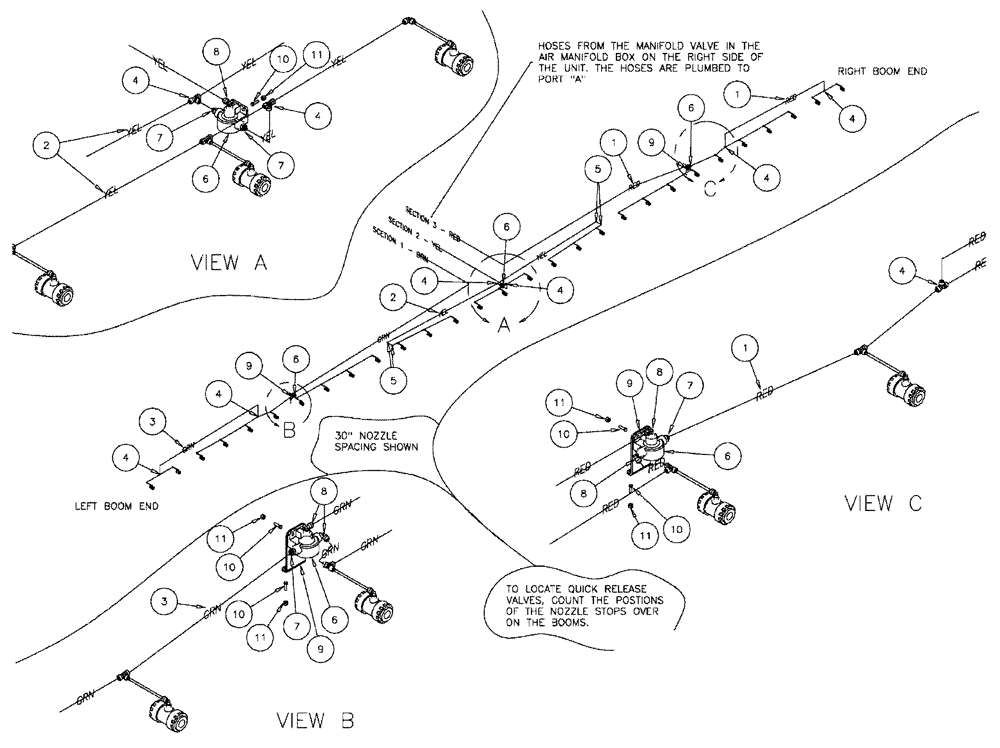Схема запчастей Case IH FLX610 - (03-019) - 3-SECTION 70 BOOM GROUP, PNEUMATIC COMPONENTS 30" SPACING (09) - BOOMS