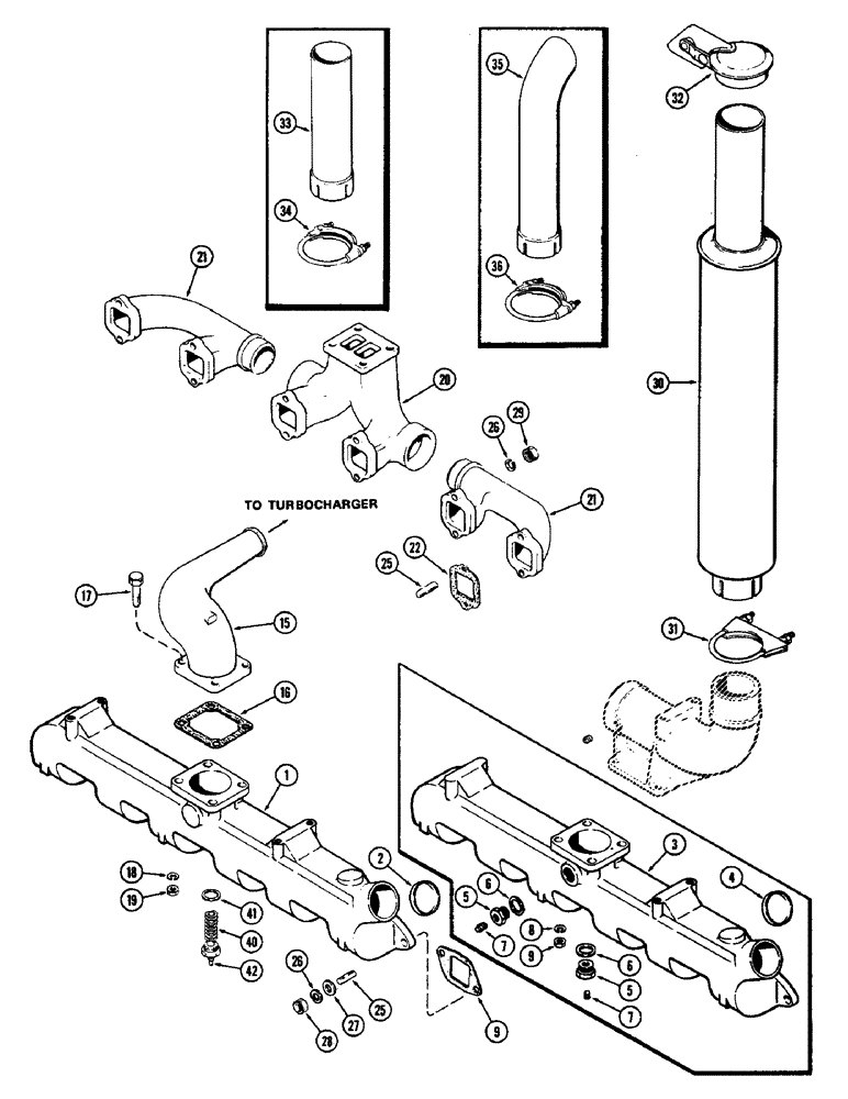 Схема запчастей Case IH 1370 - (020) - MANIFOLDS AND MUFFLER, 504BDT, DIESEL ENGINE (02) - ENGINE