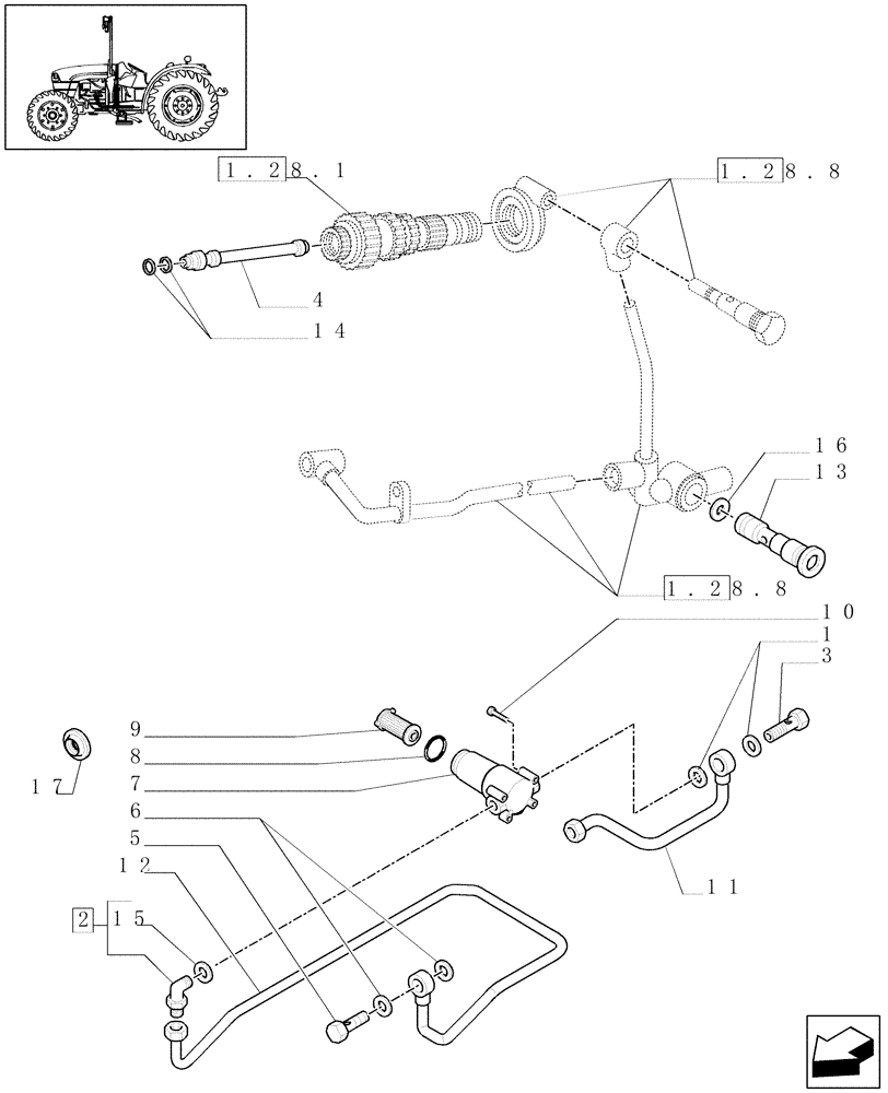 Схема запчастей Case IH JX1085C - (1.28.8/06) - (VAR.270) DUAL COMM. (2 SPS) 32X16 (30 KM/H) W. HEAT EXCH. AND ADJ. COLUMN-OIL FILTER, COUPLINGS (03) - TRANSMISSION